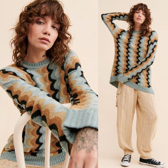 Show Me Your Mumu Retro Wave Oversized Knit Sweater Blue Tan Black | Medium - Picture 3 of 13